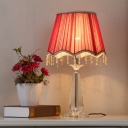 Traditional Scalloped Night Lighting 1-Bulb Fabric Nightstand Lamp in Beige/Red/Blue with Dangling Crystal Detail