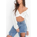 Summer Stylish Night Club Sexy Off the Shoulder Long Sleeve Knotted Front Crop Blouse Top