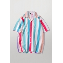 Mens Fashion Shirt Multicolor Vertical Stripe Pattern Button up Notch Collar Short-sleeved oversized Shirt