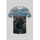 Classic Mens 3D Tee Top Figure Cityscape Mountain Pattern Round Neck Slim Fit Short Sleeve Tee Top