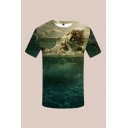 Mens 3D T-Shirt Trendy Tiger Cloud Water Fish Printed Crew Neck Short Sleeve Slim Fitted T-Shirt
