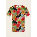 Mens 3D T-Shirt Casual Hibiscus Leaf Woodpecker Printed Crew Neck Short Sleeve Slim Fitted T-Shirt