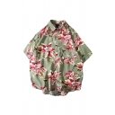 Stylish Shirt Floral Branch Printed Chest Pocket Button up Curved Hem Relaxed Fit Half Sleeve Spread Collar Shirt for Men
