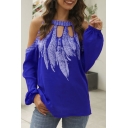 Ethnic Womens Leaf Printed Long Sleeve Cold Shoulder Cut out Relaxed Fit T Shirt