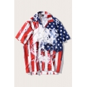 Mens Simple Shirt Skull American Flag Pattern Button up Loose Fitted Notch Collar Short-sleeved Shirt
