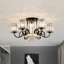 Cone Shade Semi Flush Chandelier Modern Bevel Cut Glass 8 Bulbs Close to Ceiling Lighting Fixture in Black