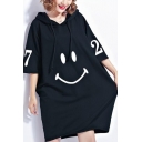 New Fashion Hoodie Long Sleeve Letter Smile Print Ruched Shift Sweatshirt Midi Dress