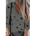 Simple Womens Contrast Star Printed Long Sleeve V Neck Relaxed Fit Tee Top