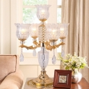 5-Head Faceted Crystal Nightstand Lamp Vintage Gold Finish Cup-Shaped Bedroom Table Light with Urn Base
