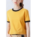 Simple Cute Short Sleeve Crew Neck Contrast Piped Slim Fitted Crop T-Shirt for Womens