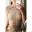 Hot Womens Ditsy Floral Lace Sleeveless Mandarin Collar Frog Button Cut out Fit Cropped Tee Top in Beige