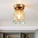 Amber Glass Floral Close to Ceiling Lamp Classic 1 Bulb Hallway Flush Mount Fixture in Brass