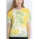 Fashionable Womens Tie Dye Crew Neck Short Sleeve Regular Fit Pullover Knitwear Top in Yellow