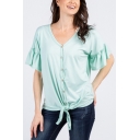 Casual Solid Color Bell Sleeve V-neck Button Up Tied Hem Loose Fit Blouse Top for Women