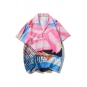 Leisure Mens Shirt Color Block Spiral Wave Paint Splatter Pattern Button down Notch Collar Short Sleeve Relaxed Fitted Shirt