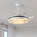 Beveled Crystal Encrusted Round Fan Lamp Modern 4-Blade Bedroom LED Semi Flush Ceiling Light in White, 21.5