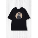 Vintage Girls Cartoon Cat Circle Printed Crew Neck Short Sleeve Relaxed T-Shirt