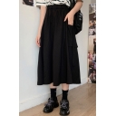 High Waist Solid Color Pocket Front Flared A-Line Midi Skirt