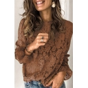 Trendy Solid Color Lace Crochet Sheer Crew Neck Ruffle Trim Long Sleeve Loose Tee Top