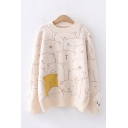 Pretty Girls Knit Bear Printed Lace-up Long Sleeve Crew Neck Loose Fit Pullover Sweater