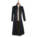 Pop Womens Plain Single Breasted Stand Collar Long Sleeve Fitted Longline Black Trench Coat