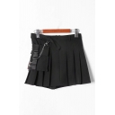 Women's Dark Street Punk Buckle Belt Pleated Short A-Line Skirt with Bag in Black