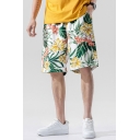 Tropical Style Shorts Floral Leaf Pattern Pocket Drawstring Mid Rise Relaxed Fitted Shorts for Men