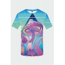 Casual 3D Tee Top Cartoon Mushroom Eye Triangle Dotted Line Pattern Short Sleeve Crew Neck Fitted T-Shirt for Men