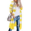 Pop Womens Striped Color Block Open Front Long Sleeve Relaxed  Longline Knitted Cardigan Sweater