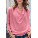 Elegant Womens Plain Cowl Neck Long Sleeve Relaxed Pullover Knit Top
