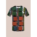 Basic Mens 3D Tee Top Contrasted Geometric Cube Pattern Short Sleeve Round Neck Slim Fitted Tee Top