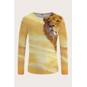 Chic Mens 3D Tee Top Lion Sky Pattern Long Sleeve Round Neck Slim Fitted Tee Top