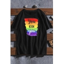 Trendy Letter You Are You Rainbow Pattern Short Sleeve Round Neck Loose Fit Tee Top in Black