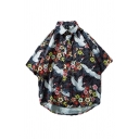 Black Stylish Men's Shirt Crane Floral Printed Chest Pocket Curved Hem Button up Half Sleeve Spread Collar Loose Fit Shirt