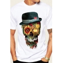 Stylish Mens T-Shirt Skull Floral Hat Heart Pattern Crew Neck Regular Fit Short Sleeve Tee Top