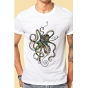 Chic Cartoon Top Tee Animal Octopus Pattern Crew Neck Short Sleeve Regular Fitted T-Shirt for Men
