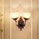 Ruffle-Trim Shade Foyer Wall Light Antiqued Opal Glass 1/2-Head Brown Sconce Lighting