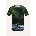 Leisure Mens 3D T-Shirt Landscape Woods River Rock Pattern Regular Fit Short-sleeved Crew Neck Top Tee