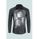Mens Shirt Creative Figure Printed Button-down Long Sleeve Turn-down Collar Slim Fitted Shirt in Black