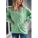 Leisure Solid Color Long Sleeve V-neck Button Up Patched Pockets Knit Relaxed Cardigan for Ladies