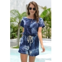 Casual Womens Tie Dye Gathered Waist Round Neck Short Sleeve Drawstring Romper with Pocket