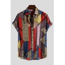 Holiday Mens Shirt Striped Triangle Pattern Spread Collar Short Sleeve Regular Fitted Shirt