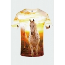 Chic 3D Tee Top Animal Spotted Horse Prairie Pattern Short Sleeve Crew Neck Fitted T-Shirt for Men