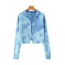 Chic Womens Tie Dye Printed Pin Decoration Long Sleeve Knit Relaxed Crop Cardigan in Blue