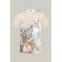 Cool Mens 3D Tee Top Snow Elk Bear Dog Rabbit Bird Painting Short Sleeve Slim Fitted Crew Neck Tee Top