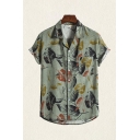 Cozy Shirt All over Leaf Printed Pocket Button down Short Sleeve Notch Collar Regular Fitted Shirt for Men