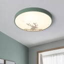 Kids LED Flush Mount Lamp Green Round Close to Ceiling Light with Acrylic Shade and Deer Decor