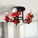 Airplane Kids Room Semi Flush Mount Metal 5 Heads Cartoon Close to Ceiling Lighting in Red
