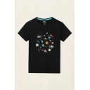 Fancy Mens T-Shirt Planet Spaceship Astronaut Pattern Short Sleeve Round Neck Regular Fitted T-Shirt