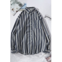 Basic Mens Shirt Striped Printed Button down Collar Relaxed Fit Long Sleeve Shirt with Chest Pocket